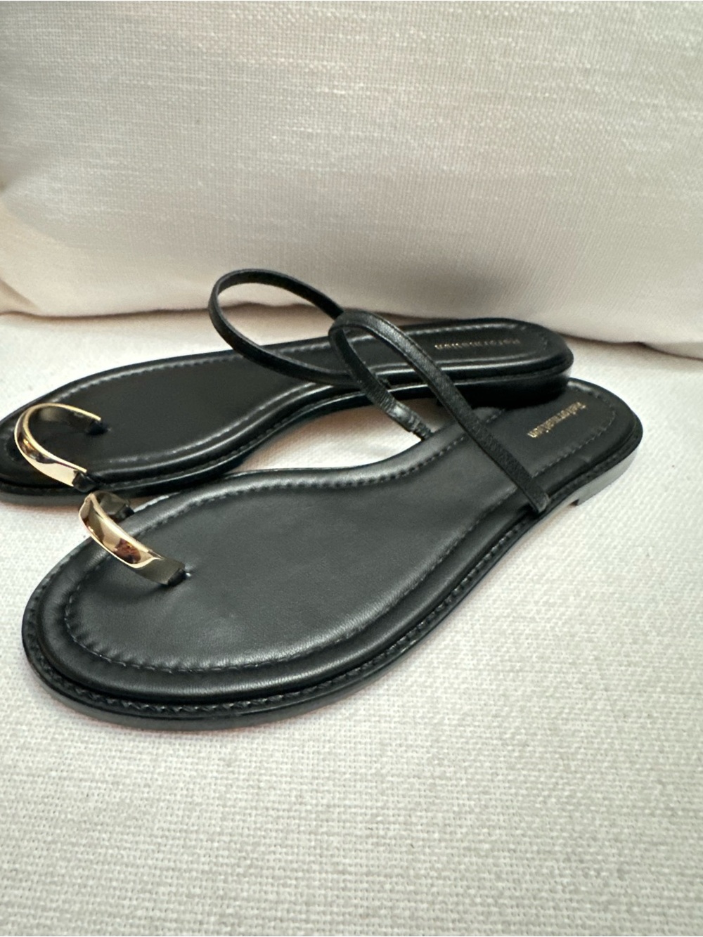 Reformation Black Leather Toe-Ring Sandals with Gold Accent